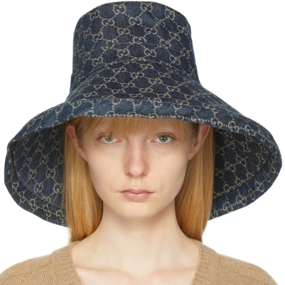 Gucci GG Denim Monogram Bucket Hat Wide Large Brim Navy Blue Jacquard Beach - Picture 3 of 16